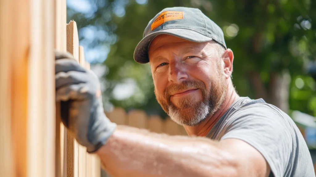 A smiling middle-aged fence installer from Exterior Fence Builders, Inc. wearing work gloves and a hat, building a wood fence with expert craftsmanship